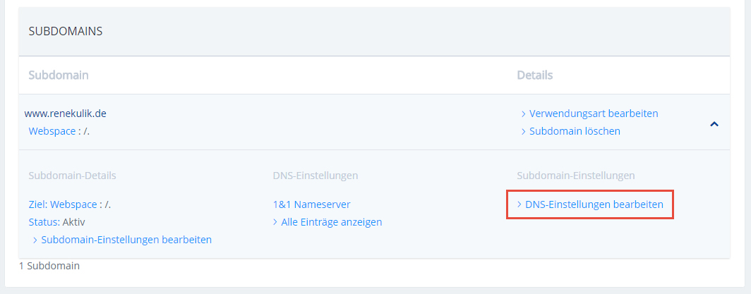 Edit subdomain's DNS configuration